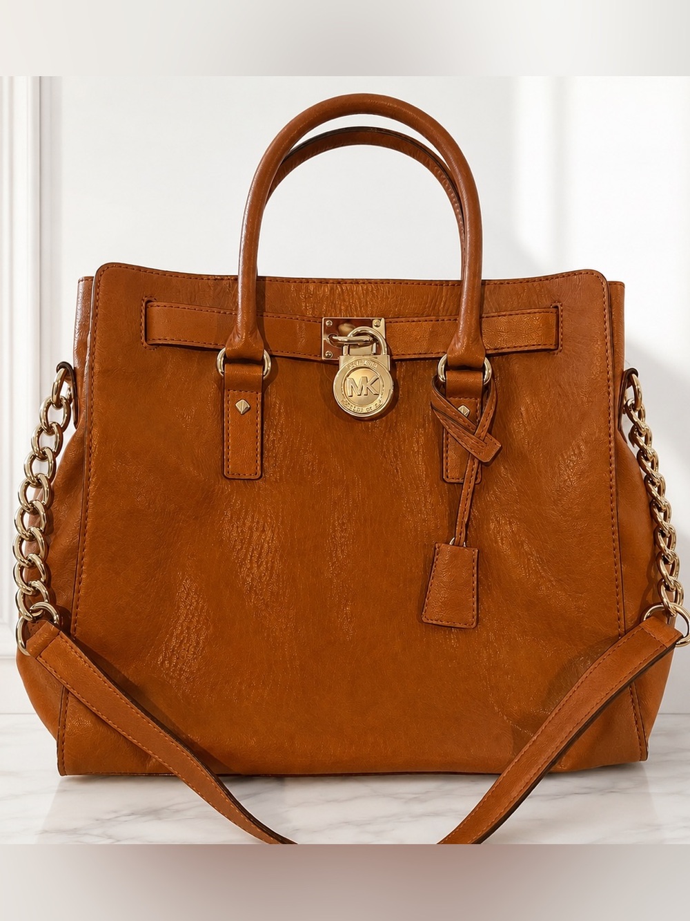 Michael Kors Hamilton Large Luggage Brown Leather Satchel Tote Shoulder Bag Lock